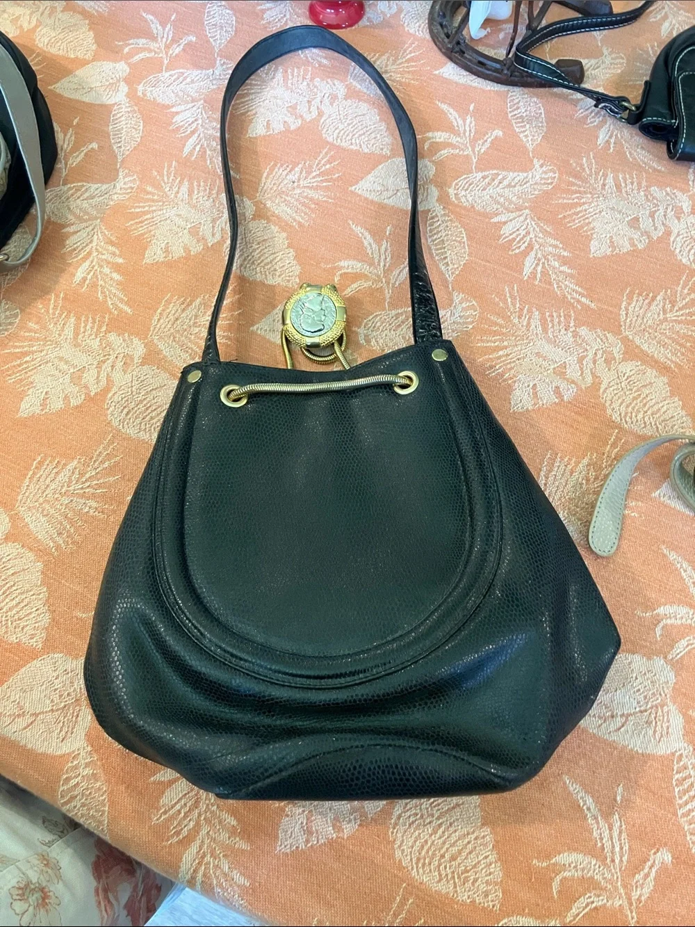 Rodo vintage Black Leather bucket Bag with Gold Medallion Accent
